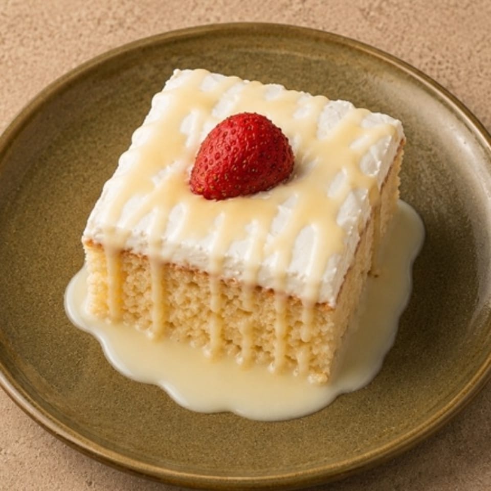 Slice of tres leches cake topped with whipped cream, condensed milk drizzle, and a fresh strawberry on a ceramic plate.