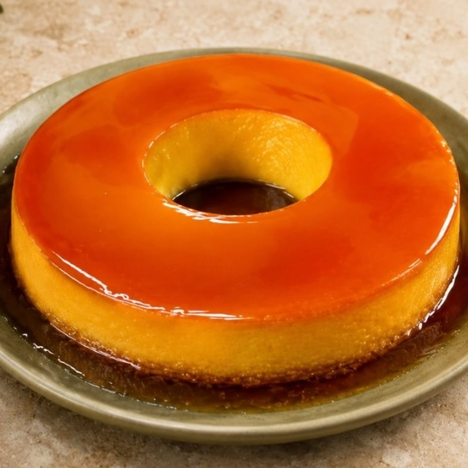 Glossy ring-shaped caramel flan with golden custard sits on a plate, surrounded by pooled caramel sauce.