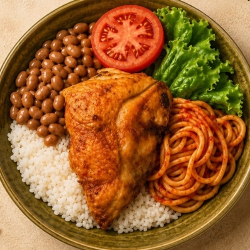 Plate of roasted chicken with white rice, beans, tomato, lettuce, and saucy spaghetti.