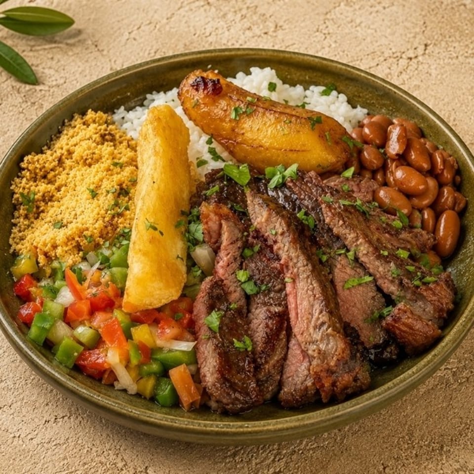 Brazilian-style platter with grilled beef, white rice, beans, couscous, fried plantain, and colorful vegetables.