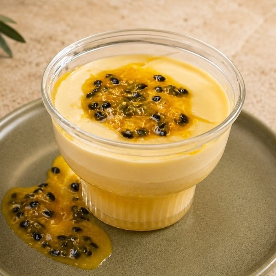 Creamy passion fruit dessert in a glass cup, topped with passion fruit pulp and surrounded by spilled pulp on a ceramic plate.