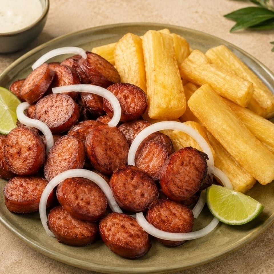Plate of sliced grilled sausage with fried yuca, onion rings, lime wedges, and dipping sauce.