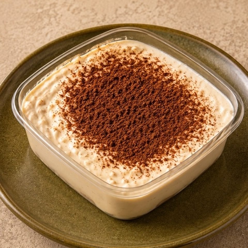 Square glass dish of creamy tiramisu dusted generously with cocoa powder on a green ceramic plate.
