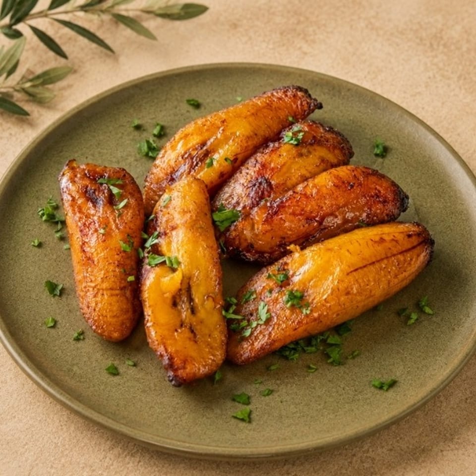 Plate of golden-brown fried plantains garnished with chopped herbs on a ceramic dish.
