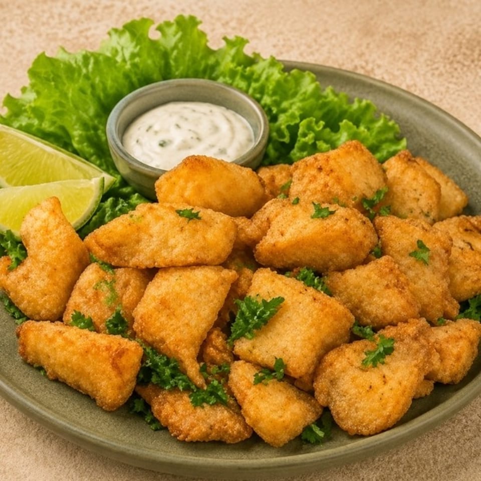 Crispy golden fried bites garnished with parsley, served on lettuce with lime wedges and creamy dipping sauce.